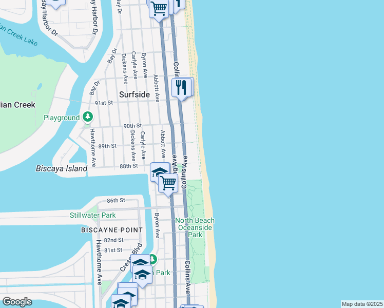 map of restaurants, bars, coffee shops, grocery stores, and more near 8777 Florida A1A in Surfside