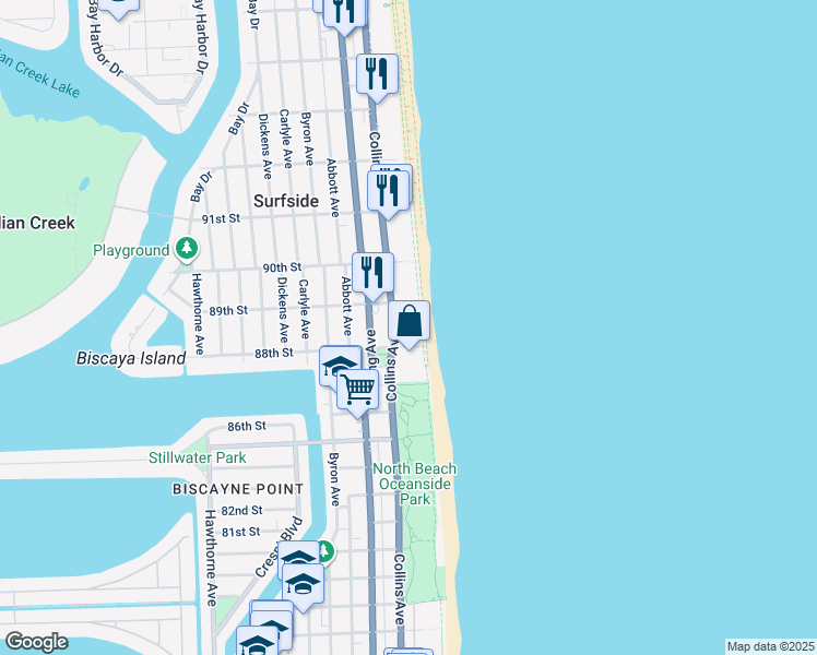 map of restaurants, bars, coffee shops, grocery stores, and more near 8777 Florida A1A in Surfside