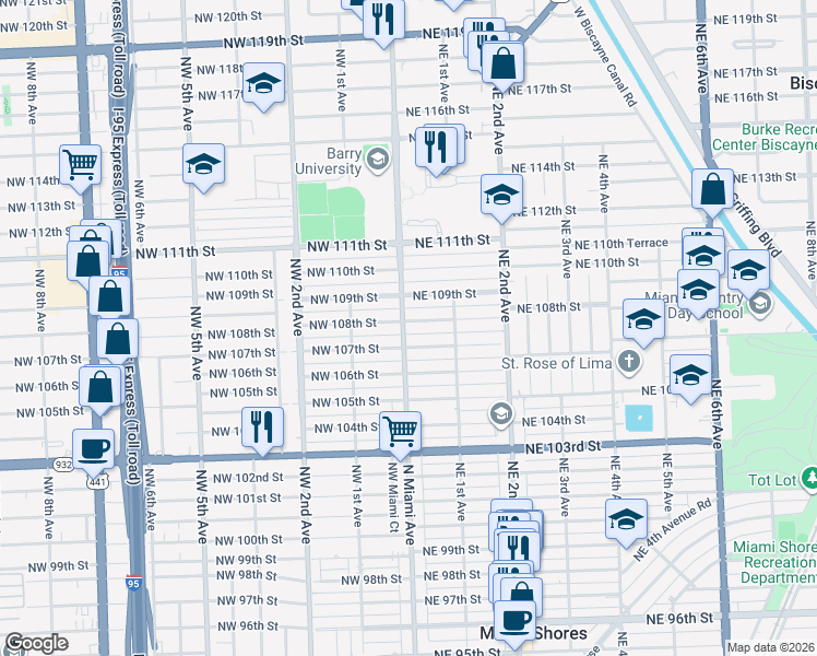 map of restaurants, bars, coffee shops, grocery stores, and more near 17 Northeast 107th Street in Miami