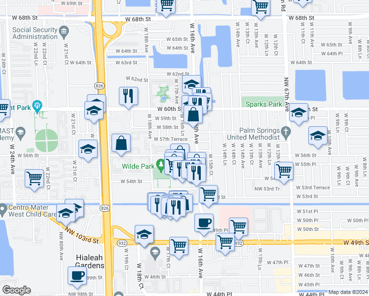 map of restaurants, bars, coffee shops, grocery stores, and more near 1655 West 56th Street in Hialeah