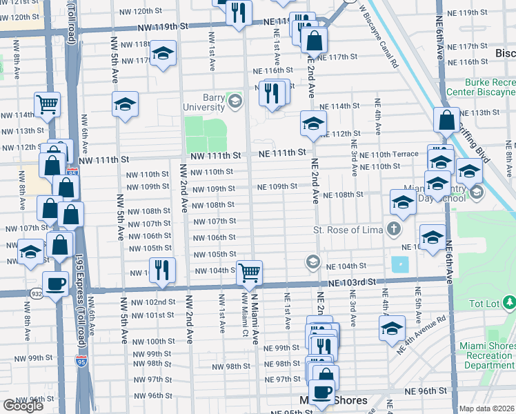 map of restaurants, bars, coffee shops, grocery stores, and more near 17 Northeast 107th Street in Miami