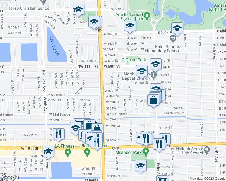map of restaurants, bars, coffee shops, grocery stores, and more near 345 West 57th Street in Hialeah