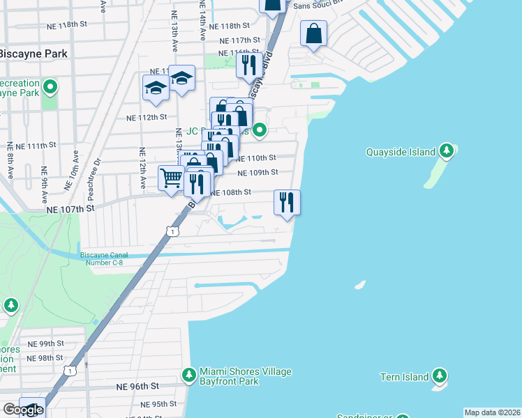 map of restaurants, bars, coffee shops, grocery stores, and more near 4000 Towerside Terrace in Miami Shores