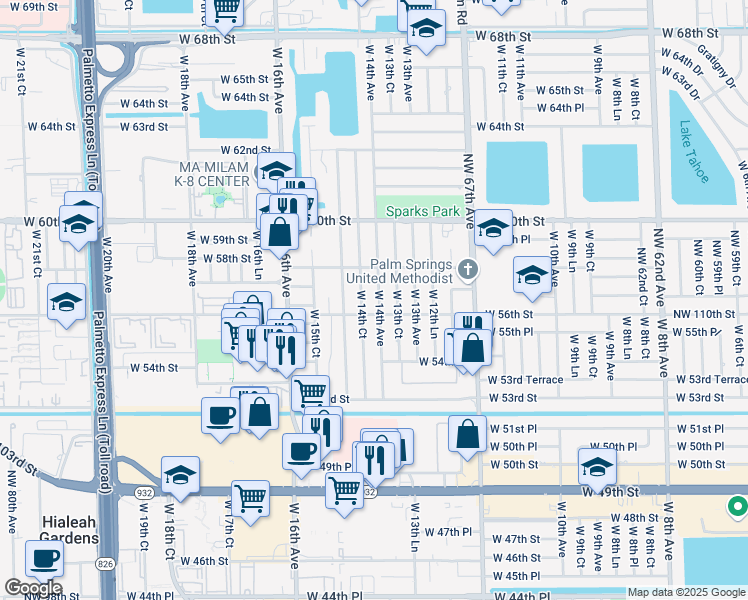 map of restaurants, bars, coffee shops, grocery stores, and more near 5600 West 14th Avenue in Hialeah