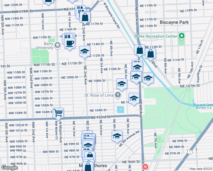 map of restaurants, bars, coffee shops, grocery stores, and more near 10710 Northeast 3rd Avenue in Miami