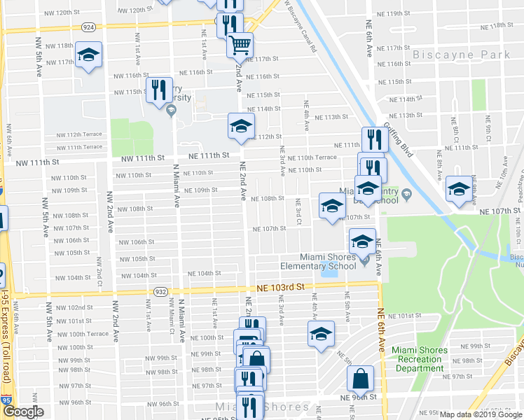 map of restaurants, bars, coffee shops, grocery stores, and more near 10744 Northeast 2nd Court in Miami