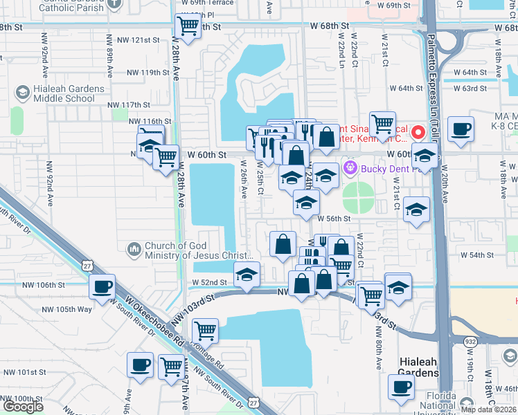 map of restaurants, bars, coffee shops, grocery stores, and more near 5661 West 25th Court in Hialeah