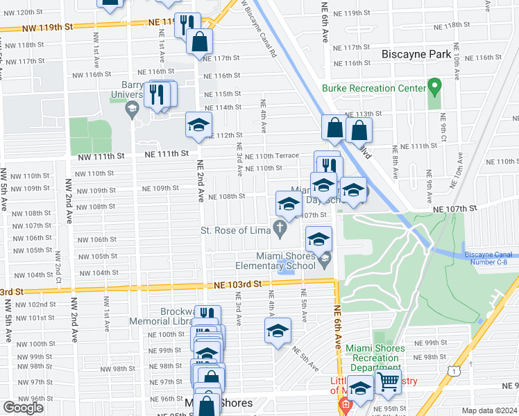 map of restaurants, bars, coffee shops, grocery stores, and more near 10747 Northeast 3rd Court in Miami