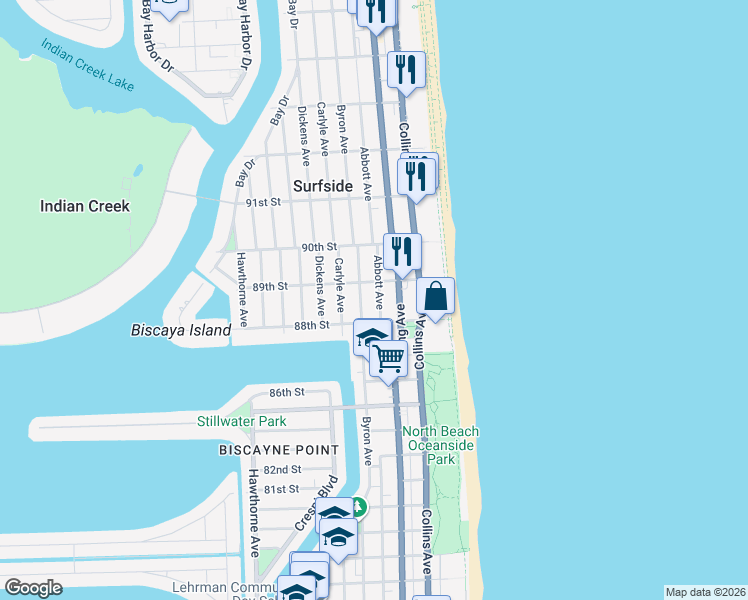 map of restaurants, bars, coffee shops, grocery stores, and more near 8810 Byron Avenue in Surfside
