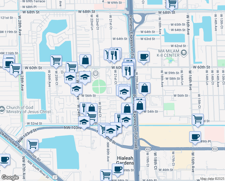 map of restaurants, bars, coffee shops, grocery stores, and more near 2190 West 60th Street in Hialeah
