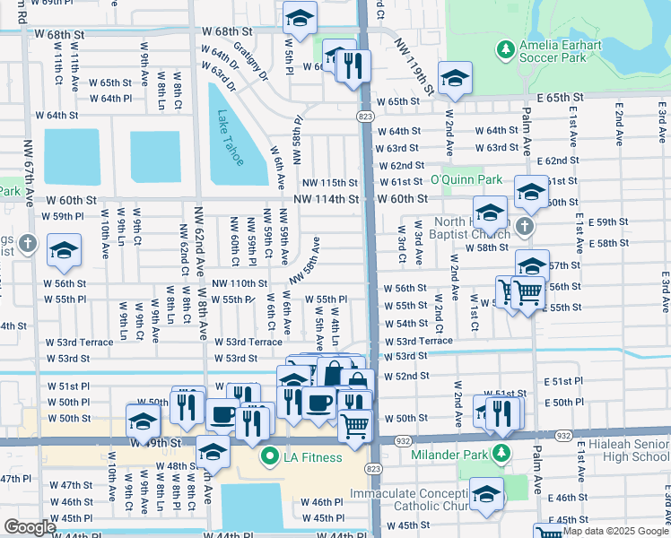 map of restaurants, bars, coffee shops, grocery stores, and more near 5715 Northwest 110th Street in Hialeah