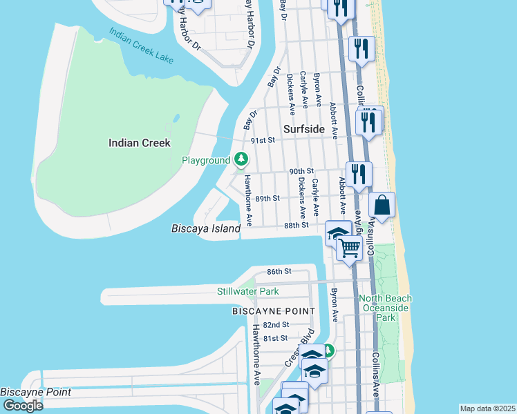 map of restaurants, bars, coffee shops, grocery stores, and more near 8830 Garland Avenue in Surfside