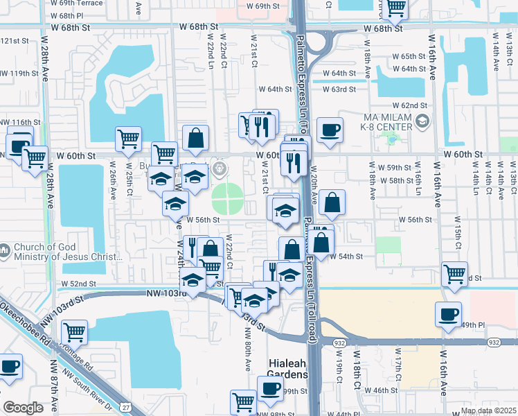 map of restaurants, bars, coffee shops, grocery stores, and more near 2190 West 60th Street in Hialeah