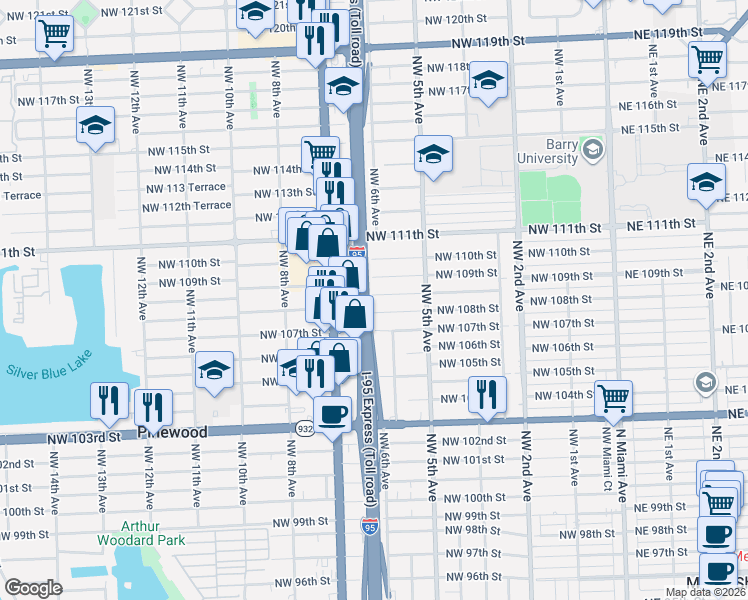 map of restaurants, bars, coffee shops, grocery stores, and more near 596 Northwest 108th Street in Miami