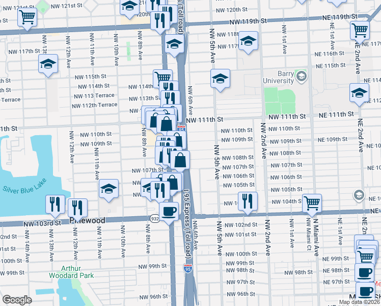 map of restaurants, bars, coffee shops, grocery stores, and more near 596 Northwest 108th Street in Miami