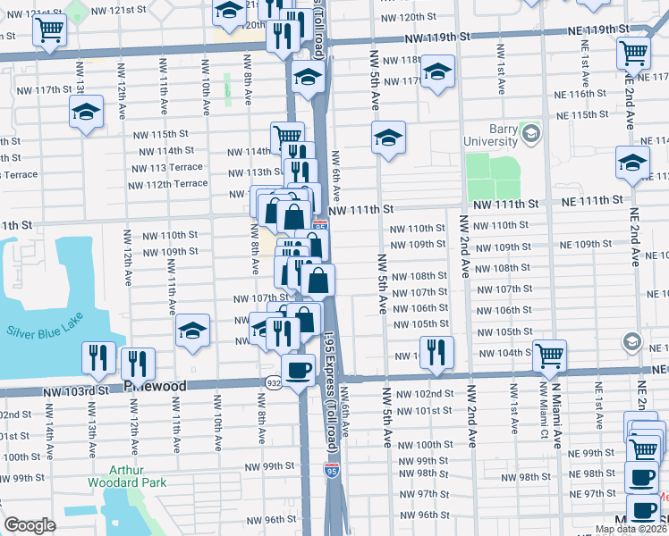 map of restaurants, bars, coffee shops, grocery stores, and more near 596 Northwest 108th Street in Miami