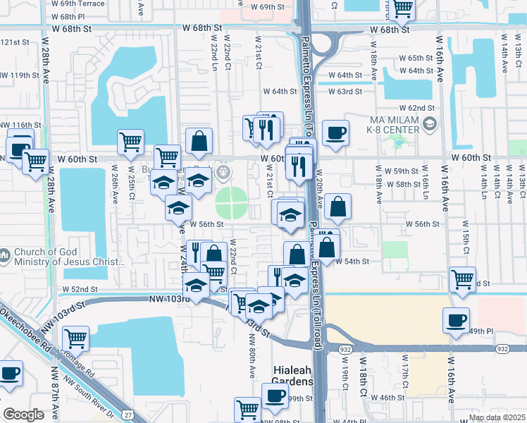 map of restaurants, bars, coffee shops, grocery stores, and more near 2190 West 60th Street in Hialeah