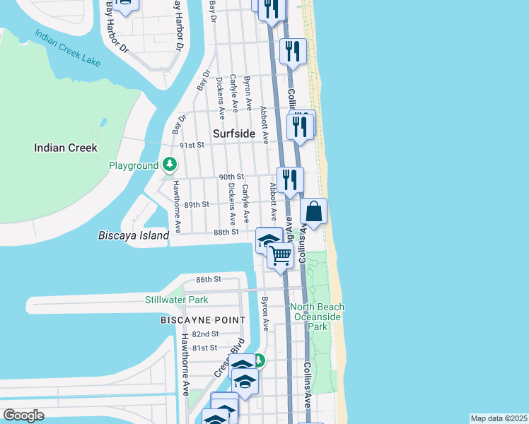 map of restaurants, bars, coffee shops, grocery stores, and more near 8810 Byron Avenue in Surfside