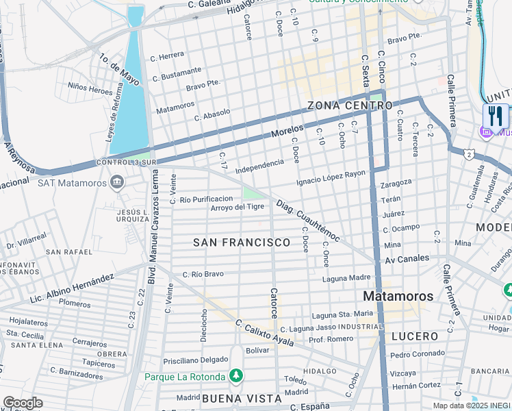 map of restaurants, bars, coffee shops, grocery stores, and more near 15 Calle Arroyo del Tigre in Matamoros