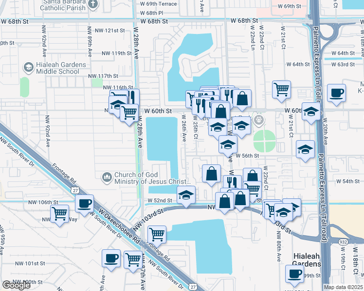 map of restaurants, bars, coffee shops, grocery stores, and more near 204 West 26th Court in Hialeah