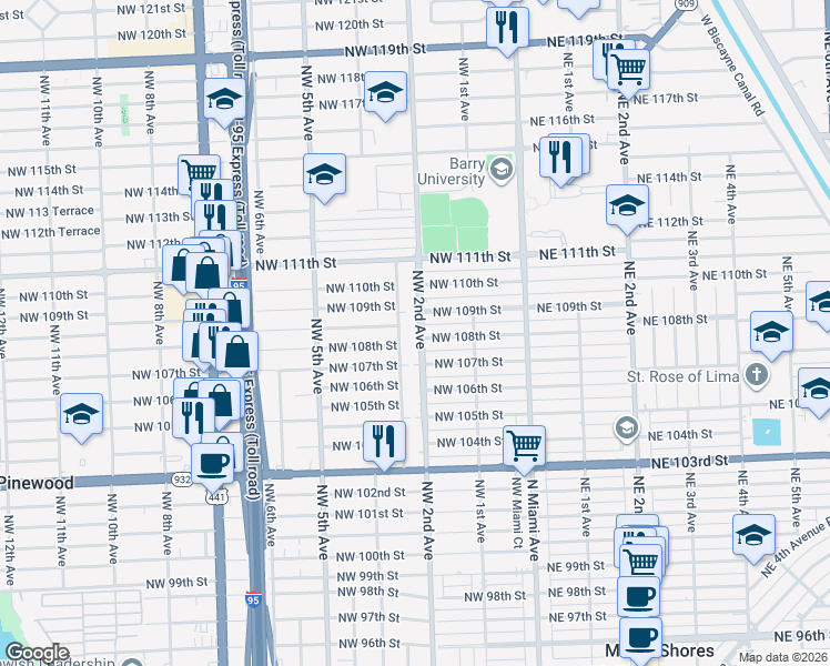 map of restaurants, bars, coffee shops, grocery stores, and more near 185 Northwest 107th Street in Miami Shores