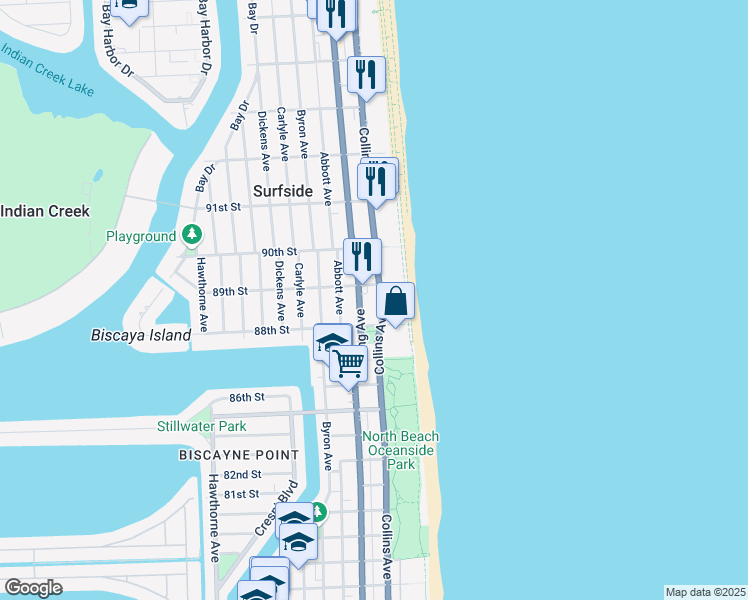 map of restaurants, bars, coffee shops, grocery stores, and more near 8777 Florida A1A in Surfside