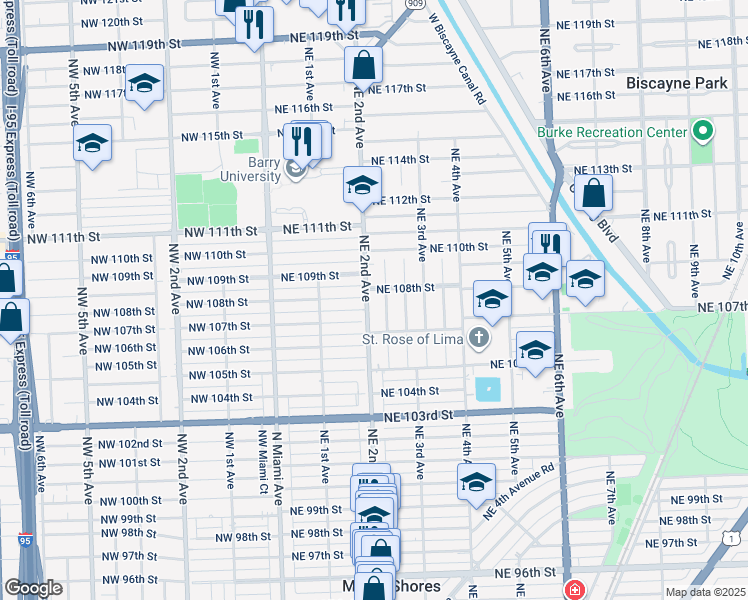 map of restaurants, bars, coffee shops, grocery stores, and more near 10744 Northeast 2nd Court in Miami