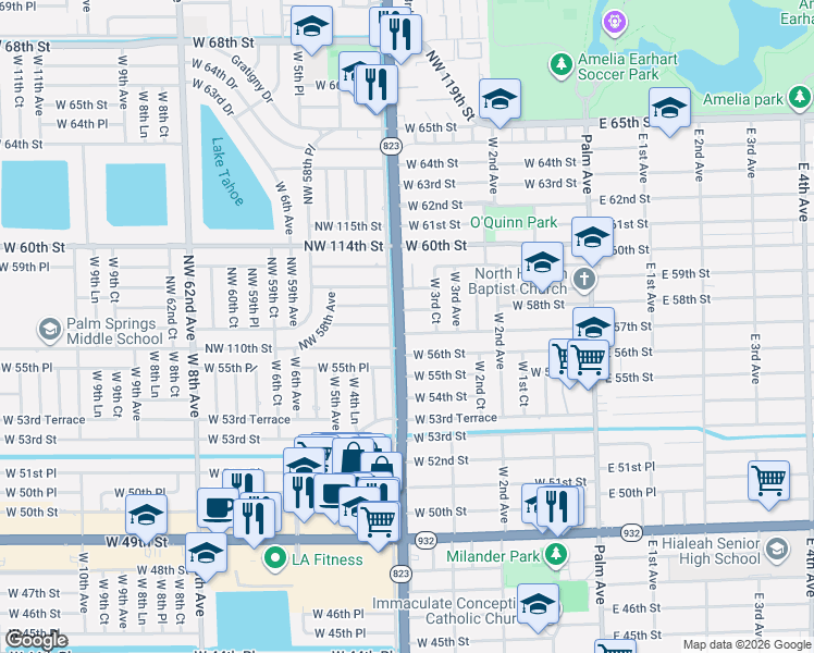 map of restaurants, bars, coffee shops, grocery stores, and more near 385 West 56th Street in Hialeah