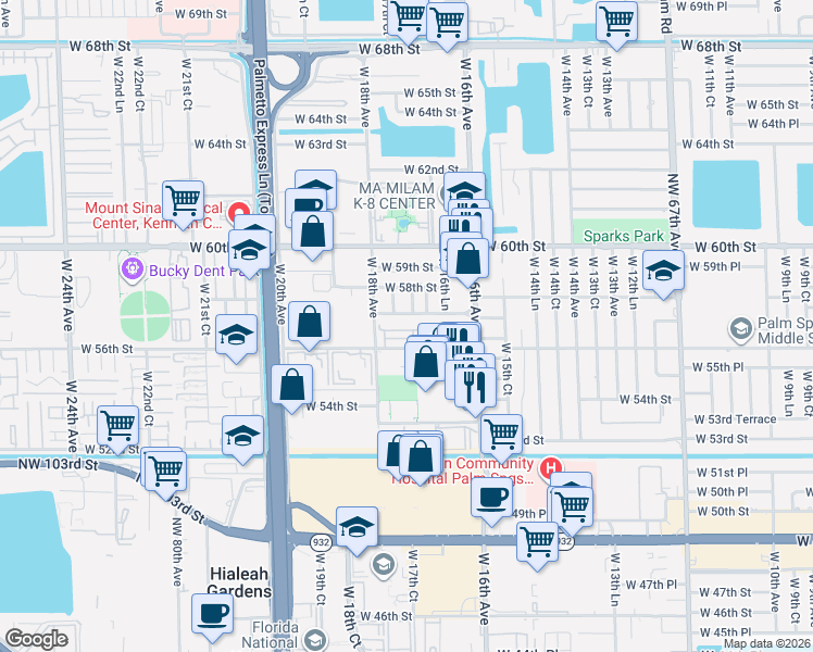 map of restaurants, bars, coffee shops, grocery stores, and more near 5625 West 17th Avenue in Hialeah