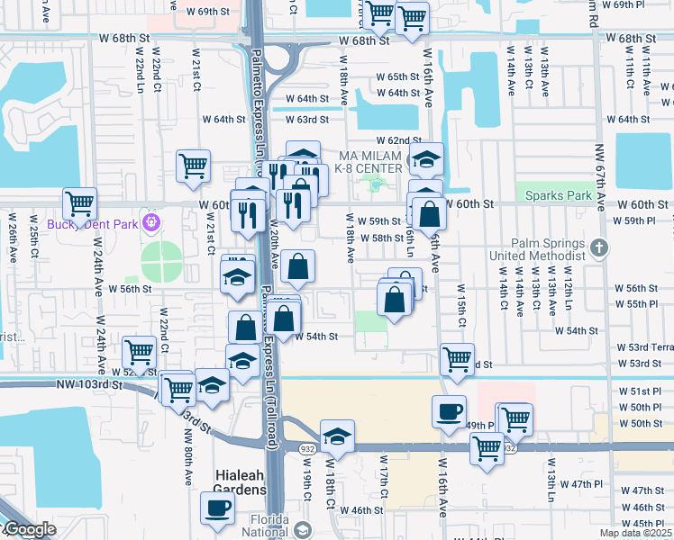 map of restaurants, bars, coffee shops, grocery stores, and more near 1875 West 56th Street in Hialeah