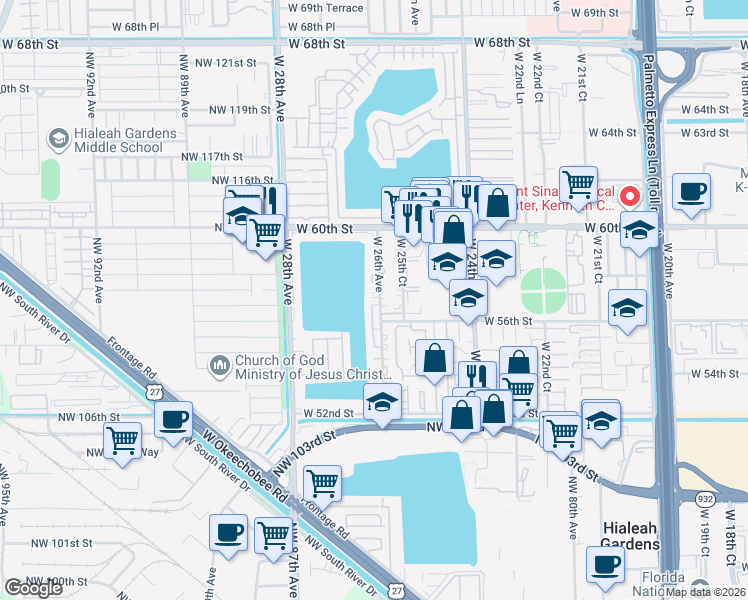 map of restaurants, bars, coffee shops, grocery stores, and more near 204 West 26th Court in Hialeah