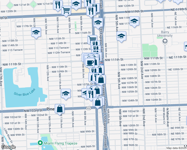 map of restaurants, bars, coffee shops, grocery stores, and more near 734 Northwest 108th Street in Miami