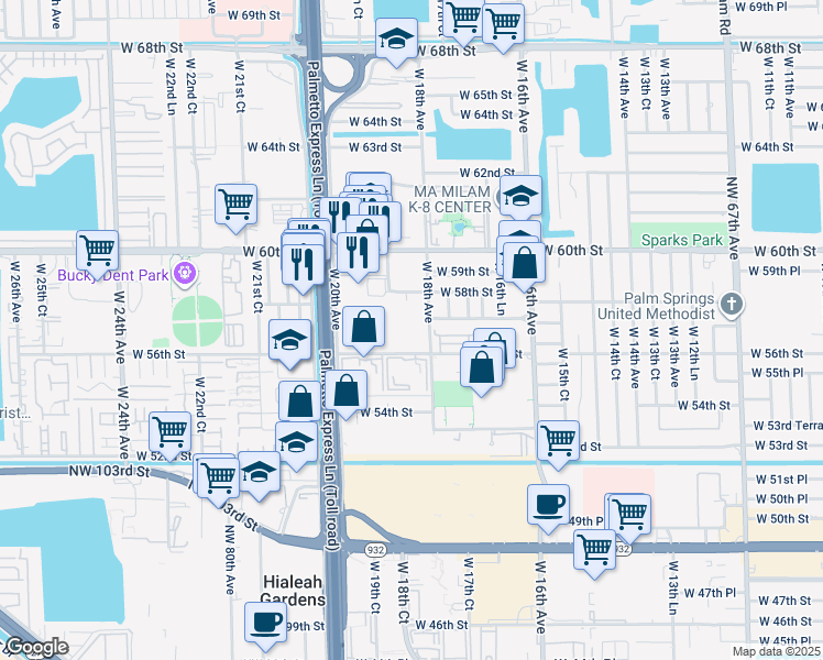 map of restaurants, bars, coffee shops, grocery stores, and more near 1885 West 56th Street in Hialeah