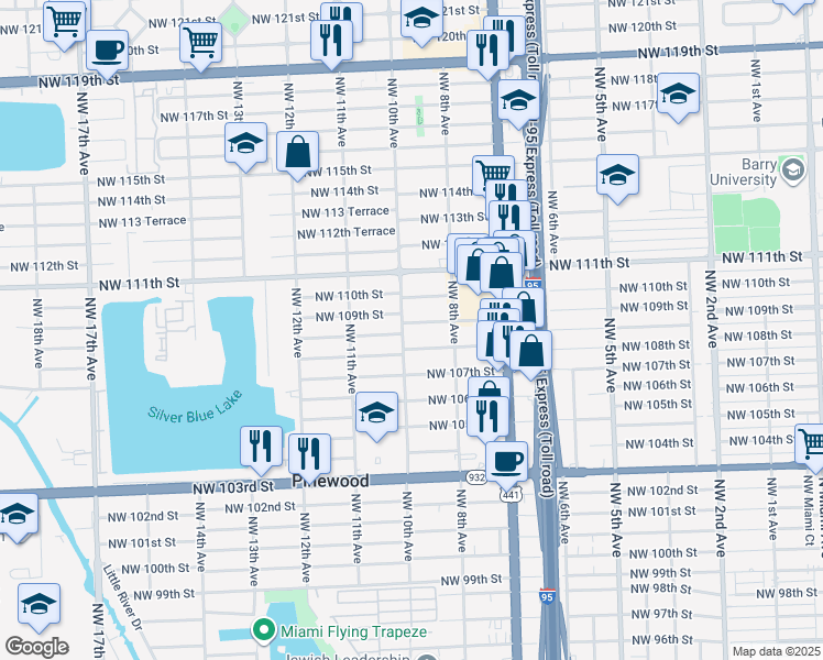 map of restaurants, bars, coffee shops, grocery stores, and more near 10925 Northwest 10th Avenue in Miami