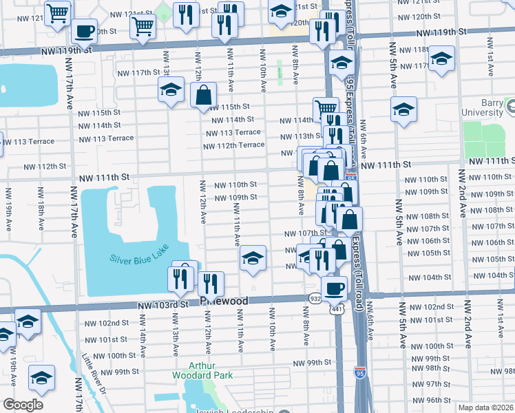 map of restaurants, bars, coffee shops, grocery stores, and more near 1063 Northwest 109th Street in Miami