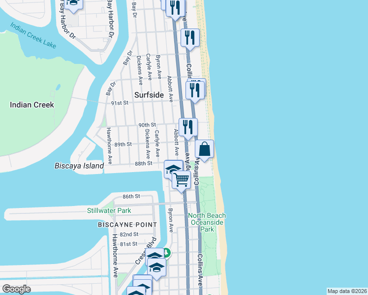 map of restaurants, bars, coffee shops, grocery stores, and more near 8900 Harding Avenue in Surfside