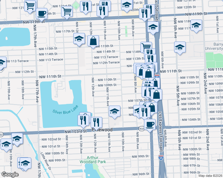 map of restaurants, bars, coffee shops, grocery stores, and more near 1063 Northwest 109th Street in Miami