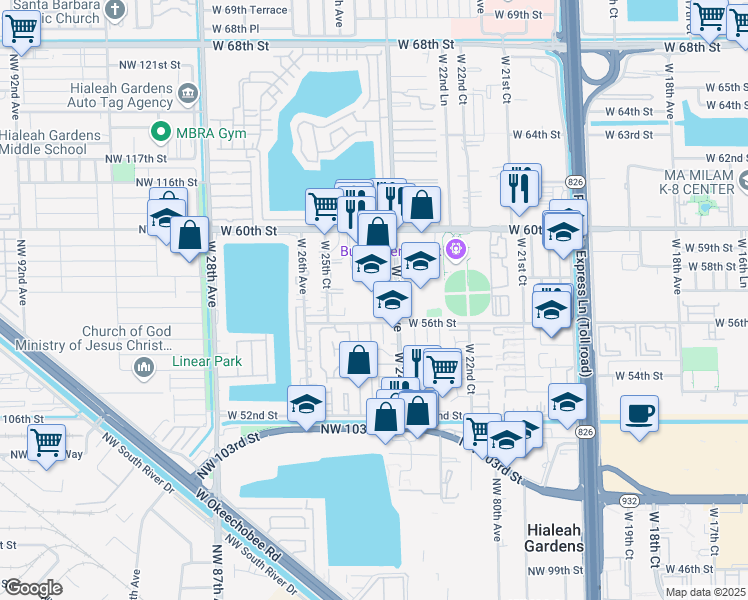 map of restaurants, bars, coffee shops, grocery stores, and more near 5700 West 24th Avenue in Hialeah
