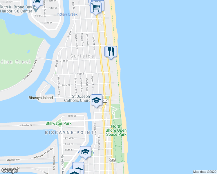 map of restaurants, bars, coffee shops, grocery stores, and more near 8911 Collins Avenue in Surfside