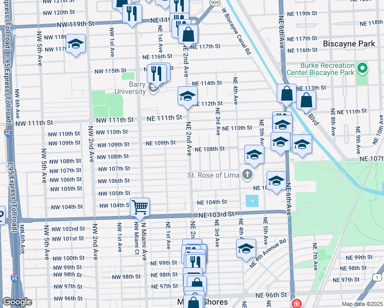 map of restaurants, bars, coffee shops, grocery stores, and more near 231 Northeast 108th Street in Miami