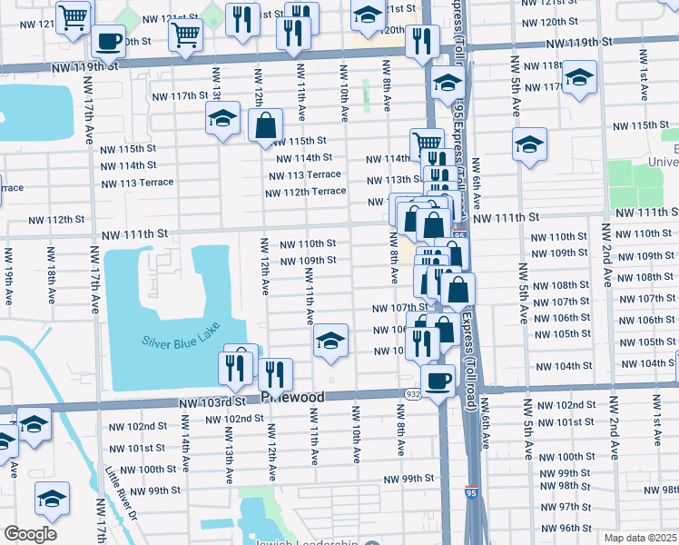 map of restaurants, bars, coffee shops, grocery stores, and more near 1063 Northwest 109th Street in Miami