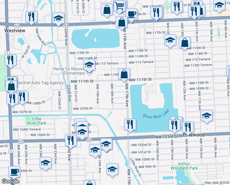map of restaurants, bars, coffee shops, grocery stores, and more near 1746 Northwest 110th Terrace in Miami