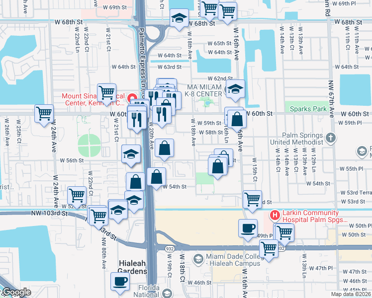 map of restaurants, bars, coffee shops, grocery stores, and more near 1885 West 56th Street in Hialeah