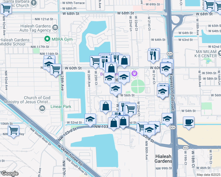 map of restaurants, bars, coffee shops, grocery stores, and more near 2414 West 60th Street in Hialeah