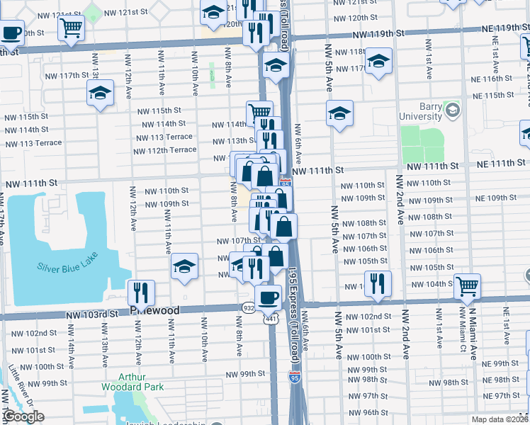 map of restaurants, bars, coffee shops, grocery stores, and more near 10954 Northwest 7th Avenue in Miami