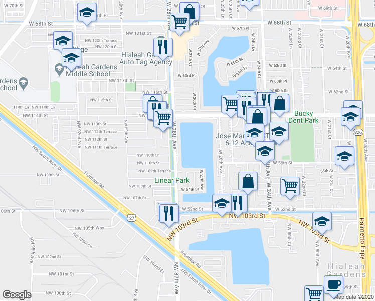map of restaurants, bars, coffee shops, grocery stores, and more near 5783 West 28th Avenue in Hialeah