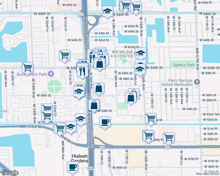 map of restaurants, bars, coffee shops, grocery stores, and more near 1885 West 56th Street in Hialeah