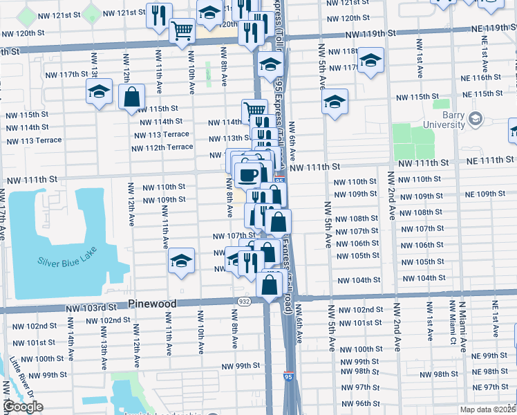 map of restaurants, bars, coffee shops, grocery stores, and more near 10954 Northwest 7th Avenue in Miami
