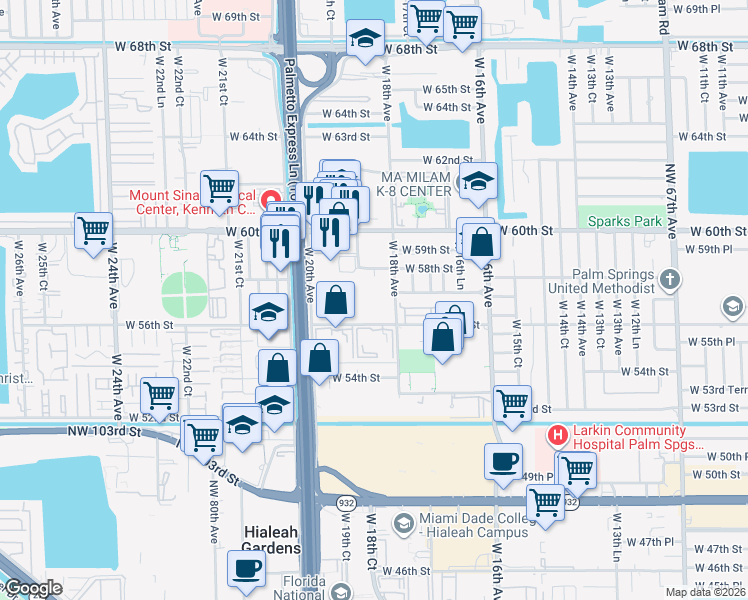 map of restaurants, bars, coffee shops, grocery stores, and more near 1885 West 56th Street in Hialeah