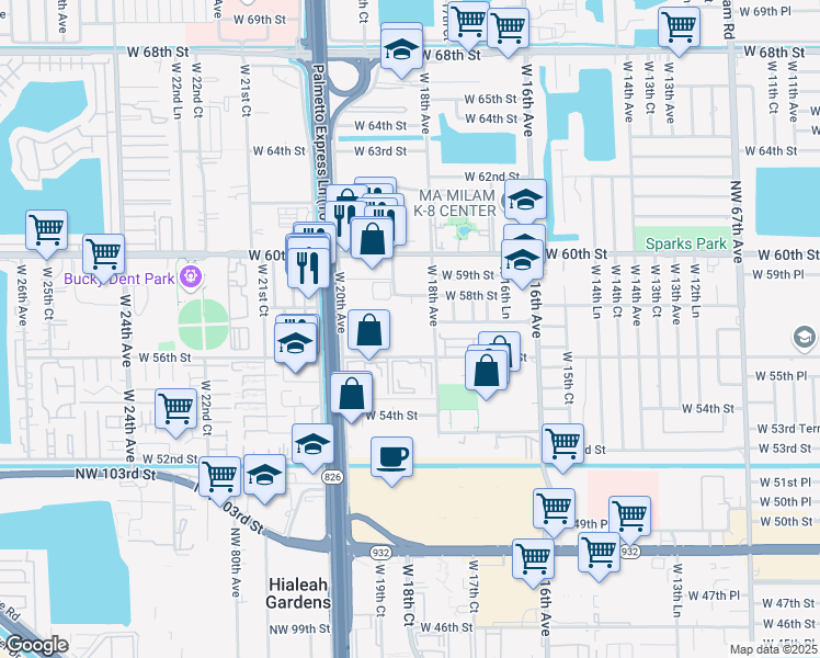 map of restaurants, bars, coffee shops, grocery stores, and more near 1885 West 56th Street in Hialeah